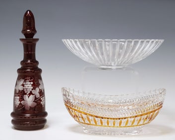 (3) RUBY GLASS DECANTER, BOHEMIAN CRYSTAL & RIEDEL TIFFANY & CO. BOWL