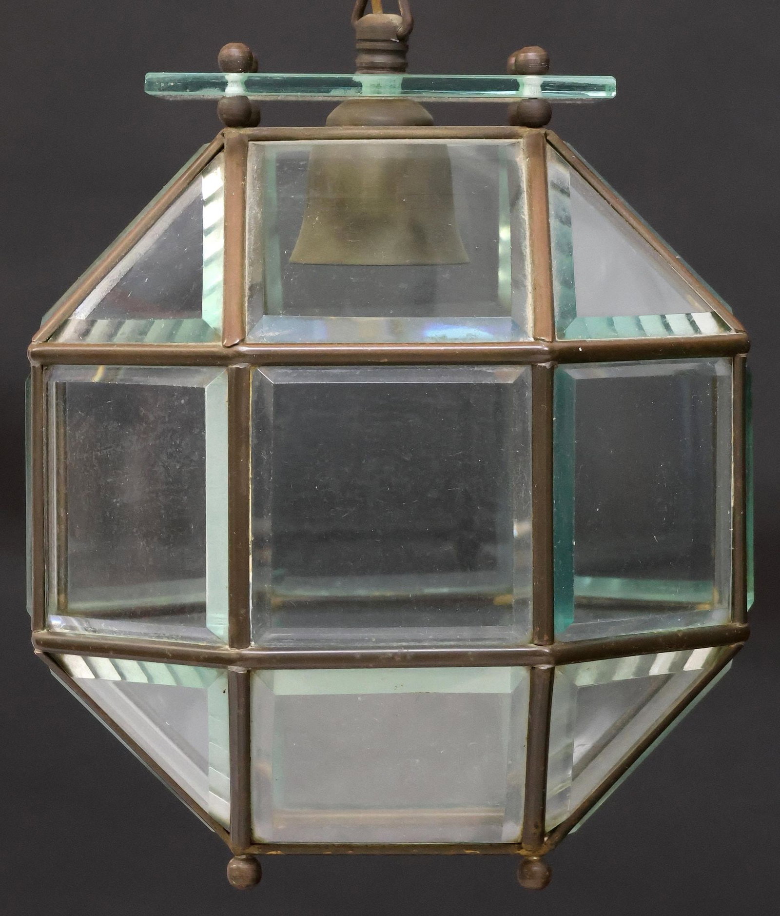 ITALIAN BEVELED GLASS 1-LIGHT CEILING PENDANT: Italian glass one-light ceiling lamp, 20th c., paneled hexagonal frame, encasing panes of beveled glass, enclosing single light, in need of wiring, approx 9"h, 8"w, 8"d