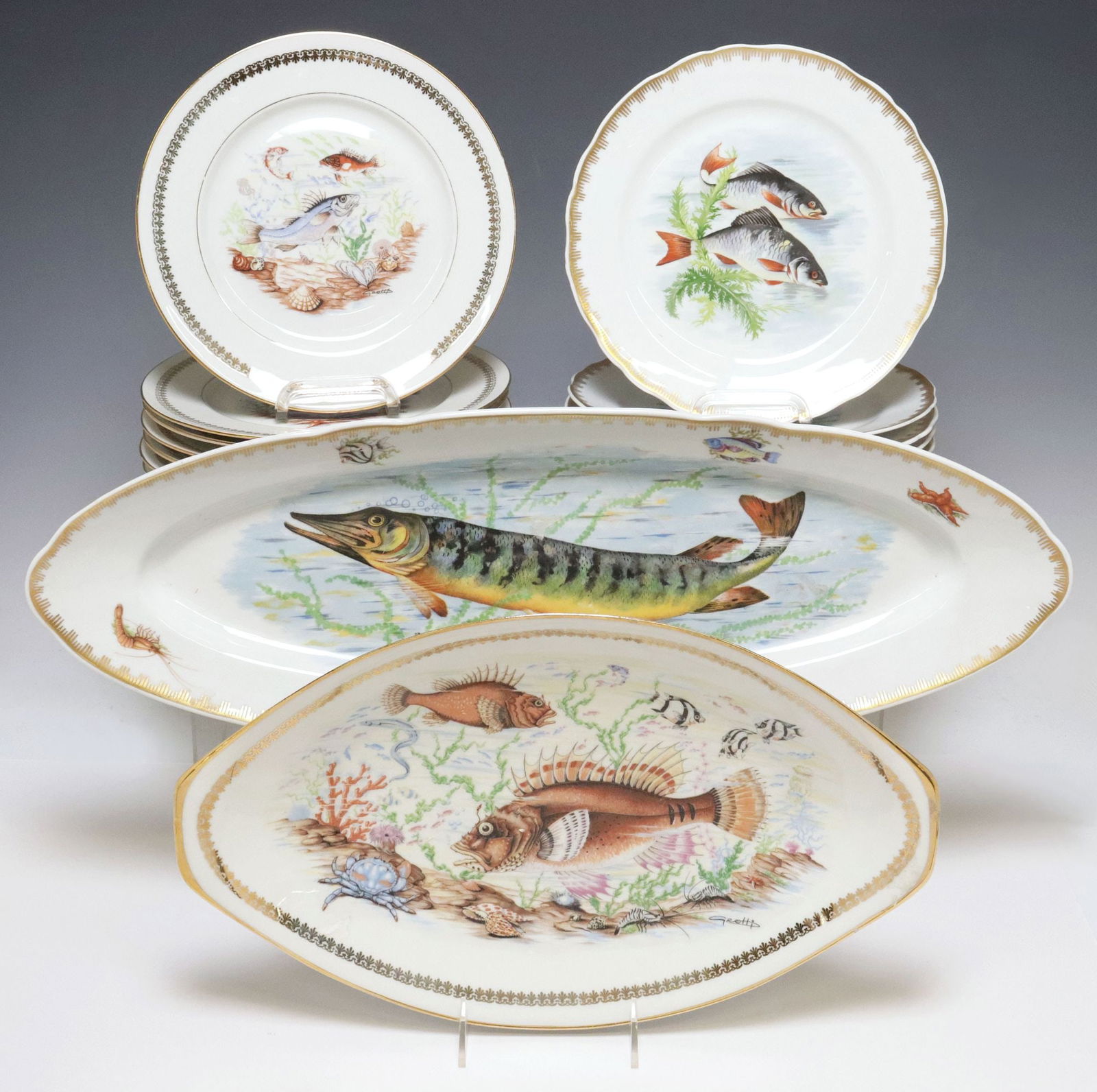 (24) FRENCH LIMOGES PORCELAIN FISH SERVICES, BIRKS & P.L. FRANCE (1 of 10)