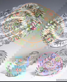 (3) CHINESE CANTON ROSE DISH, ENAMELED METAL TEAPOT & PLATE
