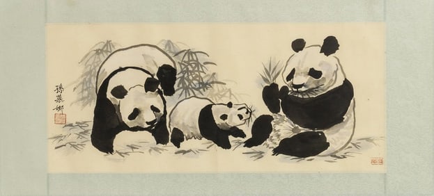 MONA SUN (20TH C.) INK ON PAPER PANDAS & BAMBOO
