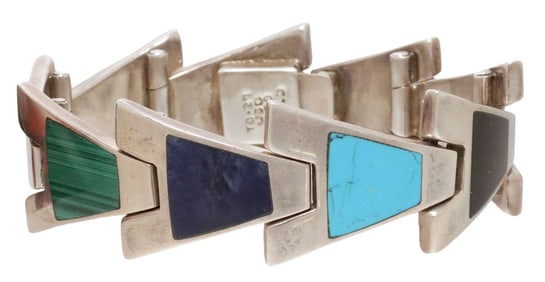 TAXCO MEXICO MODERNIST 950 SILVER & MULTI-STONE INLAID LINK BRACELET