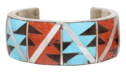 MARY MORGAN (B.1923) NAVAJO MOSAIC STONE & SHELL INLAID CUFF BRACELET
