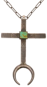 LARGE NATIVE AMERICAN SILVER & TURQUOISE CROSS NAJA PENDANT