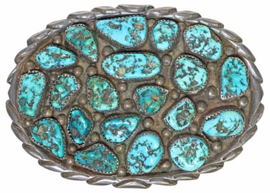 LARGE M. THOMAS NAVAJO SILVER & TURQUOISE BELT BUCKLE