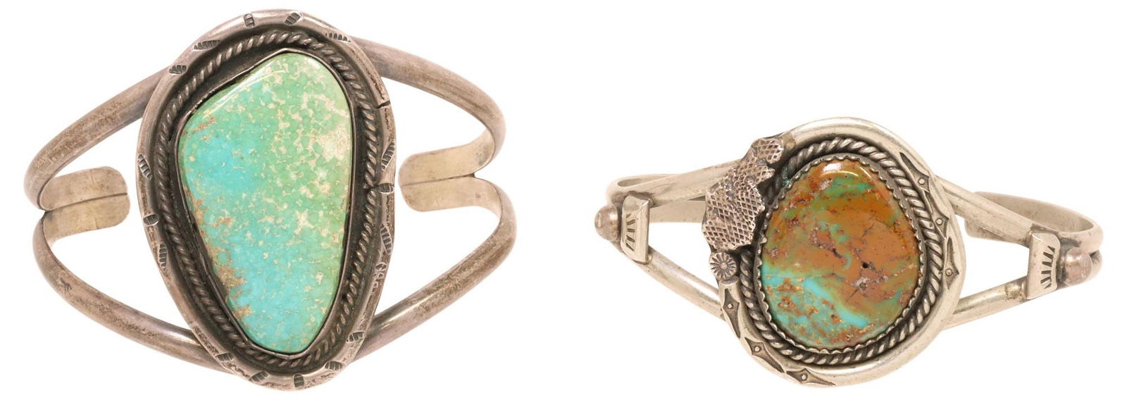 (2) NATIVE AMERICAN SILVER & TURQUOISE CUFFS: (lot of 2) Native American silver (content unknown) and turquoise cuff bracelets, both apparently unmarked, including: (1) approx 1.75"w, interior: approx 5.25"l, gap: approx 1 3/8"w, (