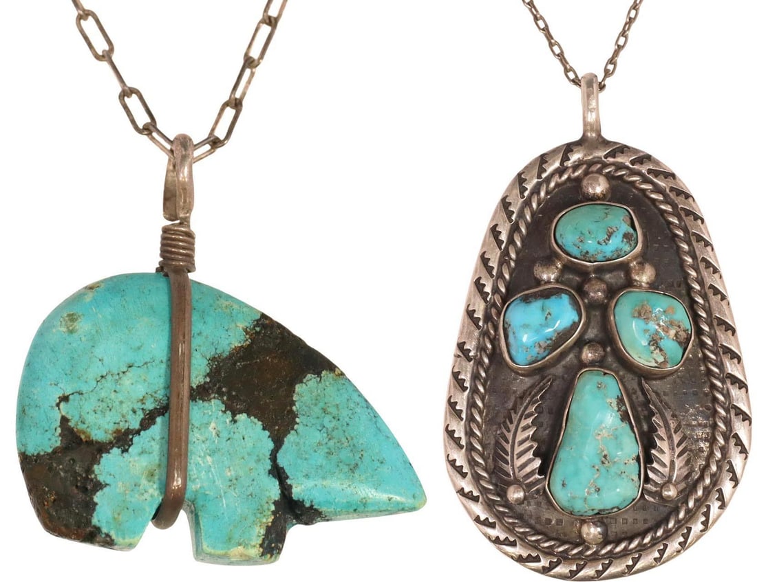 (2) NATIVE AMERICAN SILVER & TURQUOISE PENDANT NECKLACES: (lot of 2) Native American silver (content unknown) and turquoise pendant necklaces, including: (1) teardrop pendant, Leonard T. Chee (Navajo/ Dine, 20th c.), set with four turquoise stones, mark