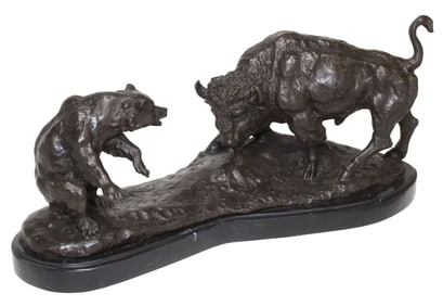 AFTER BARYE WESTERN PATINATED BRONZE SCULPTURE, BEAR & BUFFALO