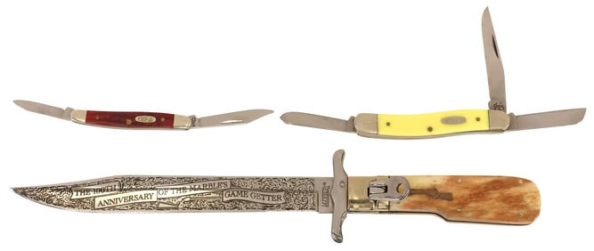 (3) FOLDING KNIVES, CASE & MARBLES