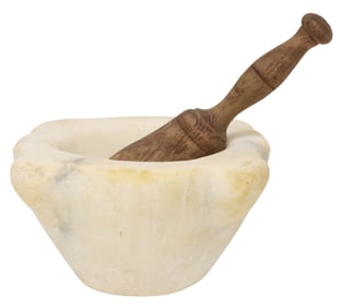 CARVED WHITE STONE MORTAR & TURNED WOOD PESTLE