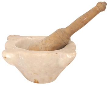 CARVED WHITE STONE MORTAR & TURNED WOOD PESTLE