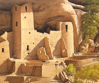 JOYCE DANT (20TH C.) OIL PAINTING, SOUTHWEST CLIFF DWELLINGS, 30" X 36"