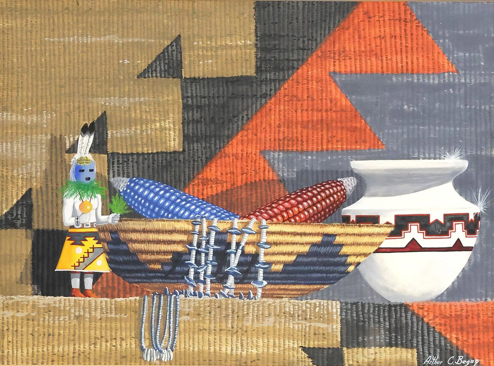 ARTHUR C. BEGAY (1931-2010) PAINTING 'NAVAJO STILL LIFE': Framed gouache painting on illustration board, "Navajo Still Life," signed lower right Arthur C. Begay (Navajo/ Dine, active in New Mexico, 1932-2010), titled verso, sight: approx 14.25"