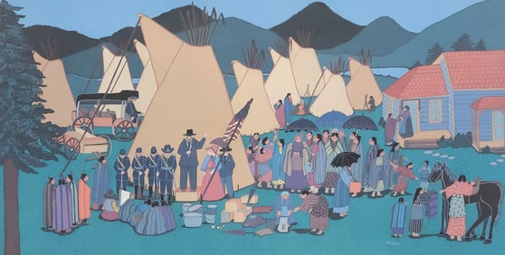 VIRGINIA A. STROUD (CHEROKEE, 1951-2024) PRINT, 'EMPIRE ENCAMPMENT'