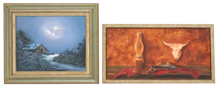 (2) TEXAS PAINTINGS RANCH HOUSE NOCTURNE & COWBOY STILL LIFE