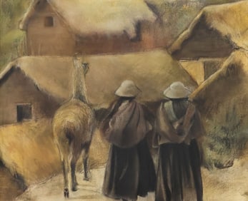 TERRI ANA STOKES (20TH C.) PAINTING ANDEAN FARMERS WITH LLAMA