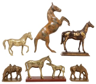 (5) HORSE SCULPTURES, BRONZE & BRASS, MARE & FOAL, BOOKENDS