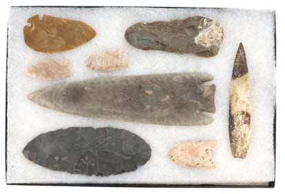 (8) NATIVE AMERICAN SPEAR POINT, ARROWHEADS, LARGEST 8"L