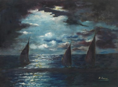 B. AVALOS (20TH C.) PAINTING SAILBOATS ON MOONLIT WATERS