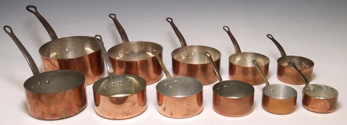 (11) FRENCH GRADUATED COPPER SAUCEPANS, TWO ASSEMBLED SETS
