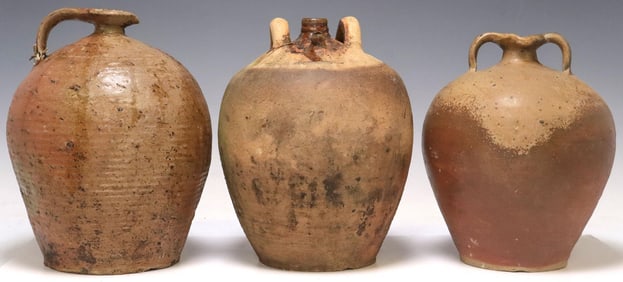(3) FRENCH PROVINCIAL STONEWARE OIL JUGS/PITCHERS