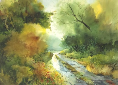 BUD BIGGS (TX, 1906-1985) WATERCOLOR WOODED LANDSCAPE, 22" X 30"