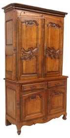 FRENCH PROVINCIAL LOUIS XV STYLE CARVED OAK BUFFET DEUX CORPS, 96"H
