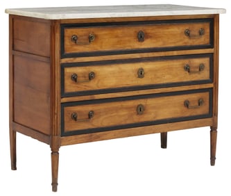 FRENCH LOUIS XVI STYLE MARBLE-TOP PARCEL-EBONIZED COMMODE