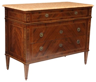 ITALIAN NEOCLASSICAL MARBLE-TOP INLAID MATCHED VENEER COMMODE