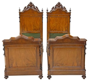 (2) ITALIAN CARVED FIGURED WALNUT BEDS
