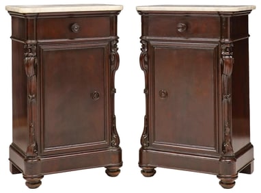 (2) CONTINENTAL MARBLE-TOP MAHOGANY BEDSIDE CABINETS