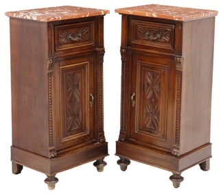 (2) ITALIAN MARBLE-TOP INCISED MAHOGANY NIGHTSTANDS