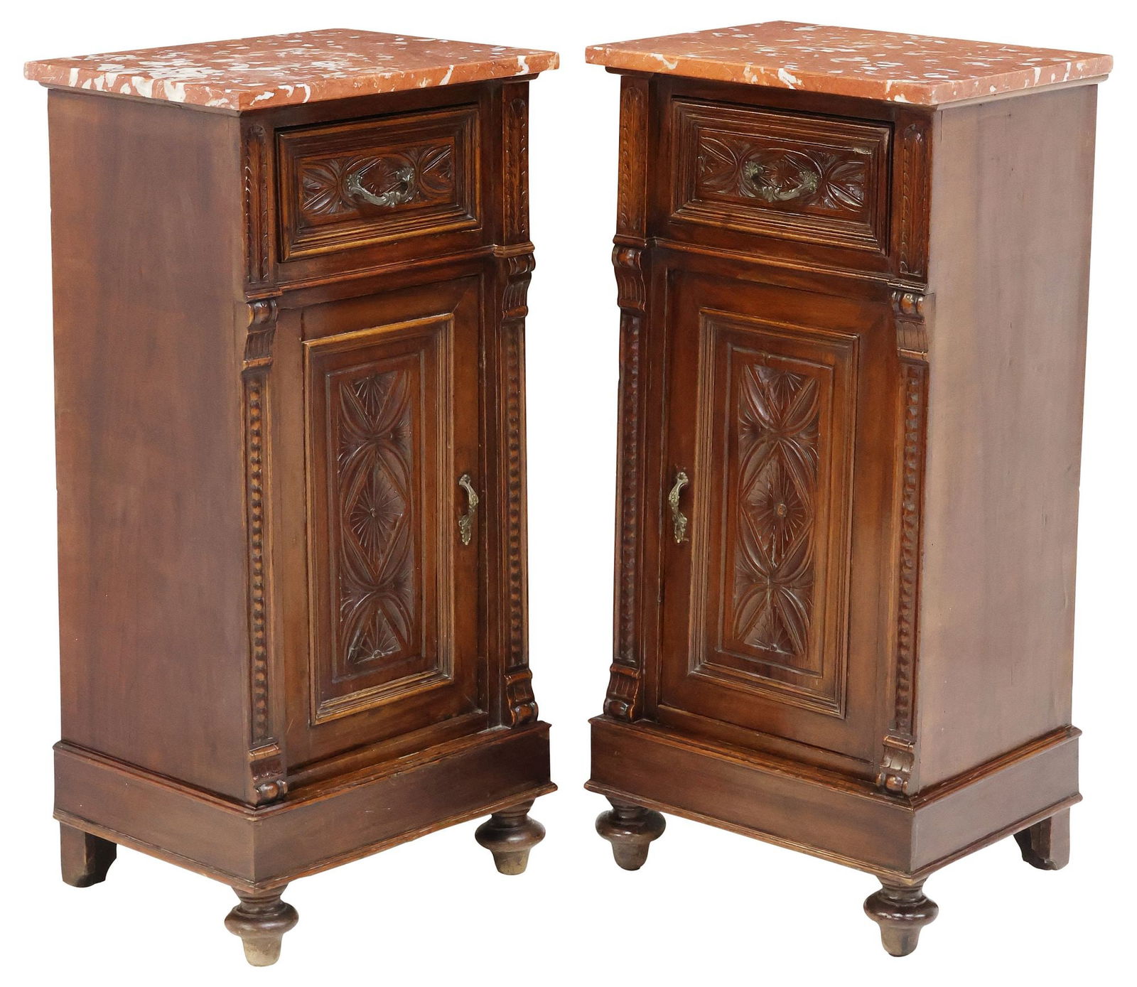 (2) ITALIAN MARBLE-TOP INCISED MAHOGANY NIGHTSTANDS (1 of 6)