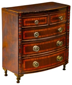 MINIATURE REGENCY CROSSBANDED MAHOGANY BOWFRONT CHEST, 19THC.
