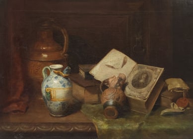 BRITISH SCHOOL (19TH C.) STILL LIFE WITH BOOK & MAJOLICA JAR