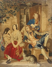 FRAMED VICTORIAN BERLIN WOOL WORK PICTURE THE SUITORS, 46" X 35.5"