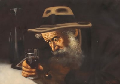 R. LANZI (20TH C.) PAINTING ELDERLY MAN WITH PIPE
