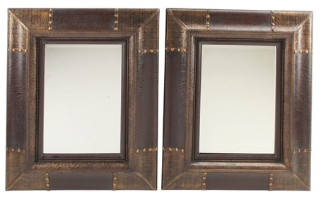 (2) PORTUGUESE STYLE EMBOSSED LEATHER MIRRORS, 42.5"H