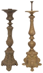 (2) CONTINENTAL BAROQUE STYLE BRONZE & PATINATED METAL CANDLE PRICKETS