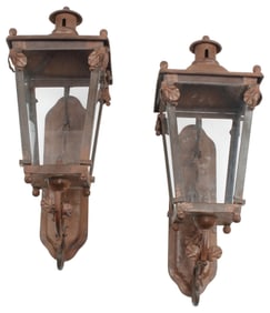 (2) WROUGHT IRON & GLASS 1-LIGHT WALL LANTERNS