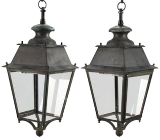 (2) LARGE PATINATED TOLE IRON & GLASS HANGING LANTERNS, 32"H