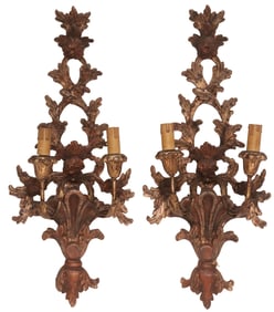 (2) ITALIAN BAROQUE STYLE CARVED & PAINT DECORATED 2-LT WALL SCONCES