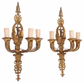 (2) EMPIRE STYLE GILT METAL SWAN THREE-LIGHT WALL SCONCES