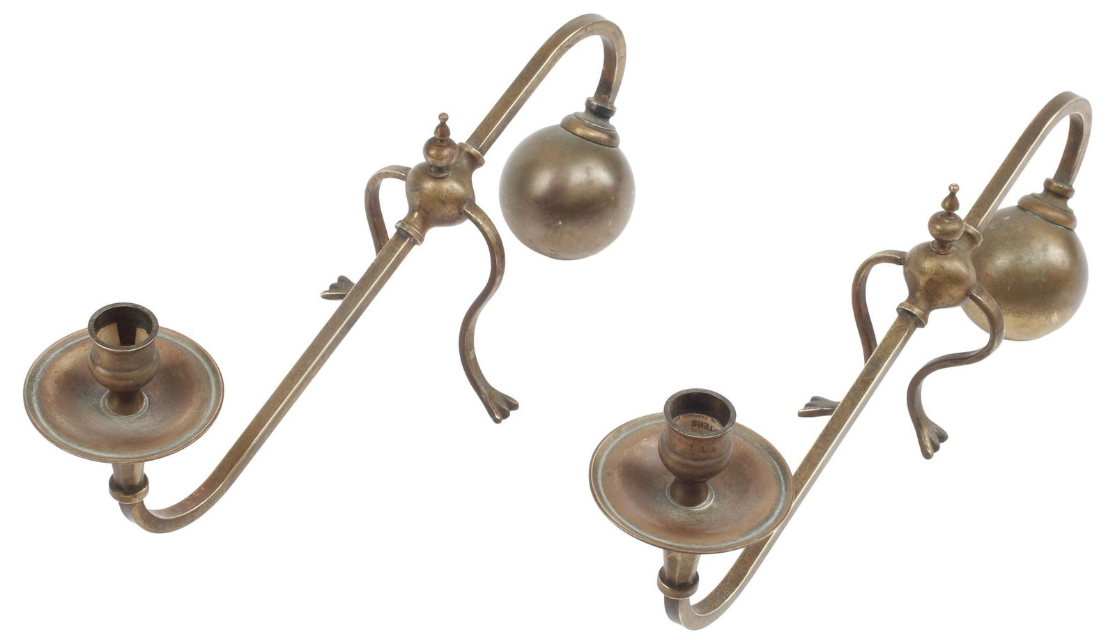 (2) ENGLISH ARTS & CRAFTS BRASS PIANO CANDLESTICKS: (pair) English Arts and Crafts brass piano candlesticks, in the manner of W.A.S. Benson (William Arthur Smith Benson, British, 1854-1924), early 20th c., each supporting a single candle, opposite