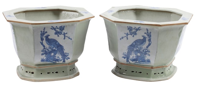 (2) CHINESE CELADON-GLAZED PORCELAIN OCTAGONAL JARDINIERES