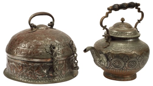 (2) LARGE TINNED COPPER KETTLE & PANDAN BOX, INDIA