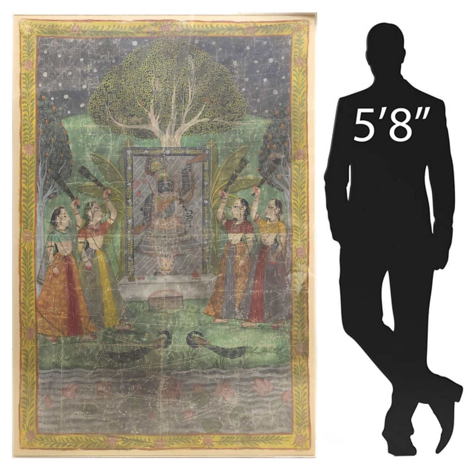 LARGE FRAMED INDIAN PICHWAI PAINTING, HINDU DEITY SHRINATHJI, 69.75"H (1 of 5)