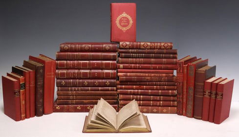 (39) ANTIQUE FRENCH RED LEATHER-BOUND LIBRARY SHELF BOOKS