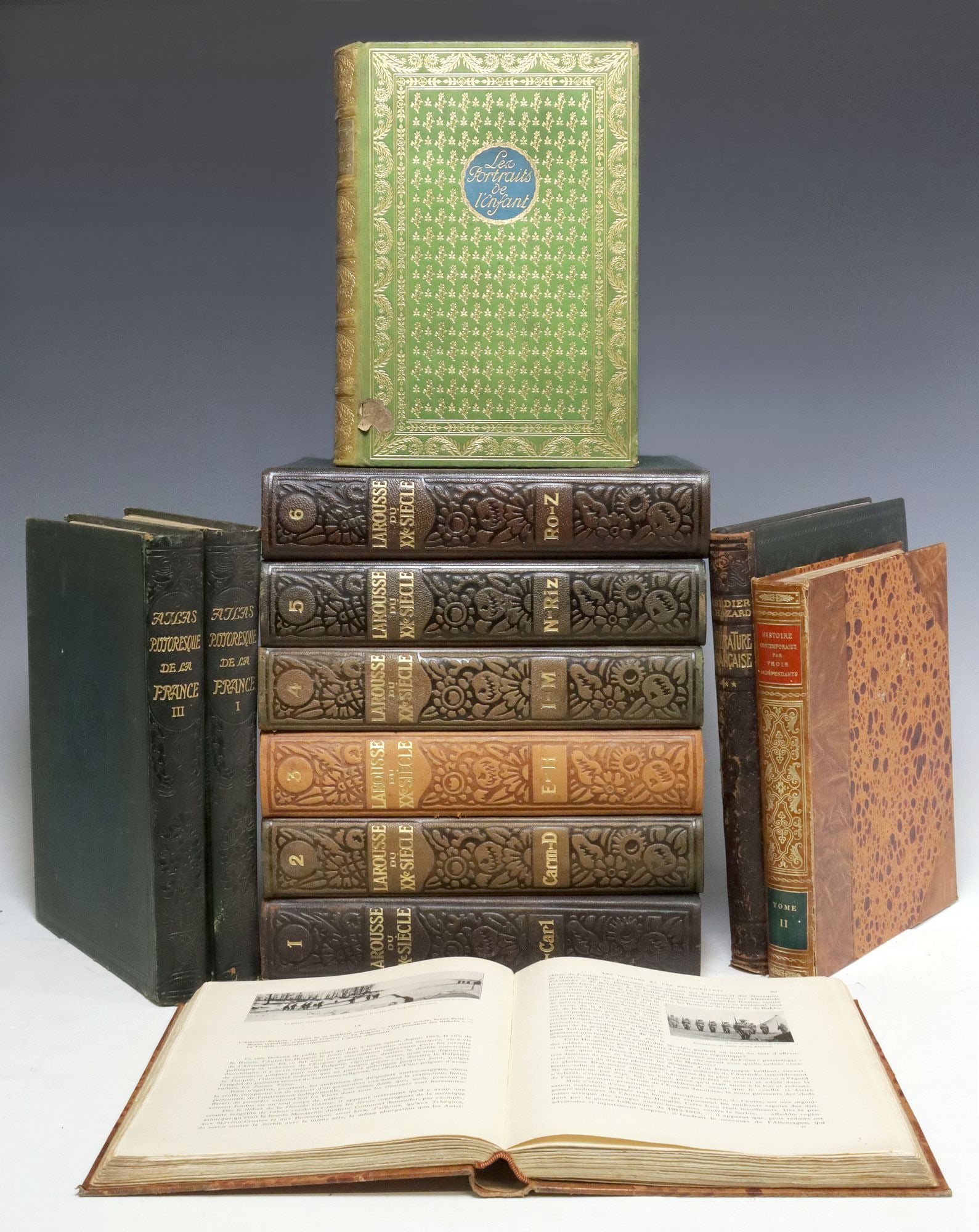 (12) FRENCH LEATHER-BOUND LIBRARY SHELF BOOKS, 6 LAROUSSE DICTIONARIES (1 of 2)