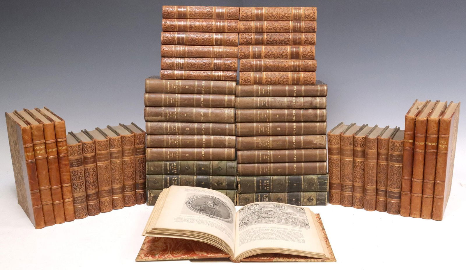 (51) FRENCH LEATHER-BOUND LIBRARY SHELF BOOKS, LITERATURE & TRAVEL (1 of 4)